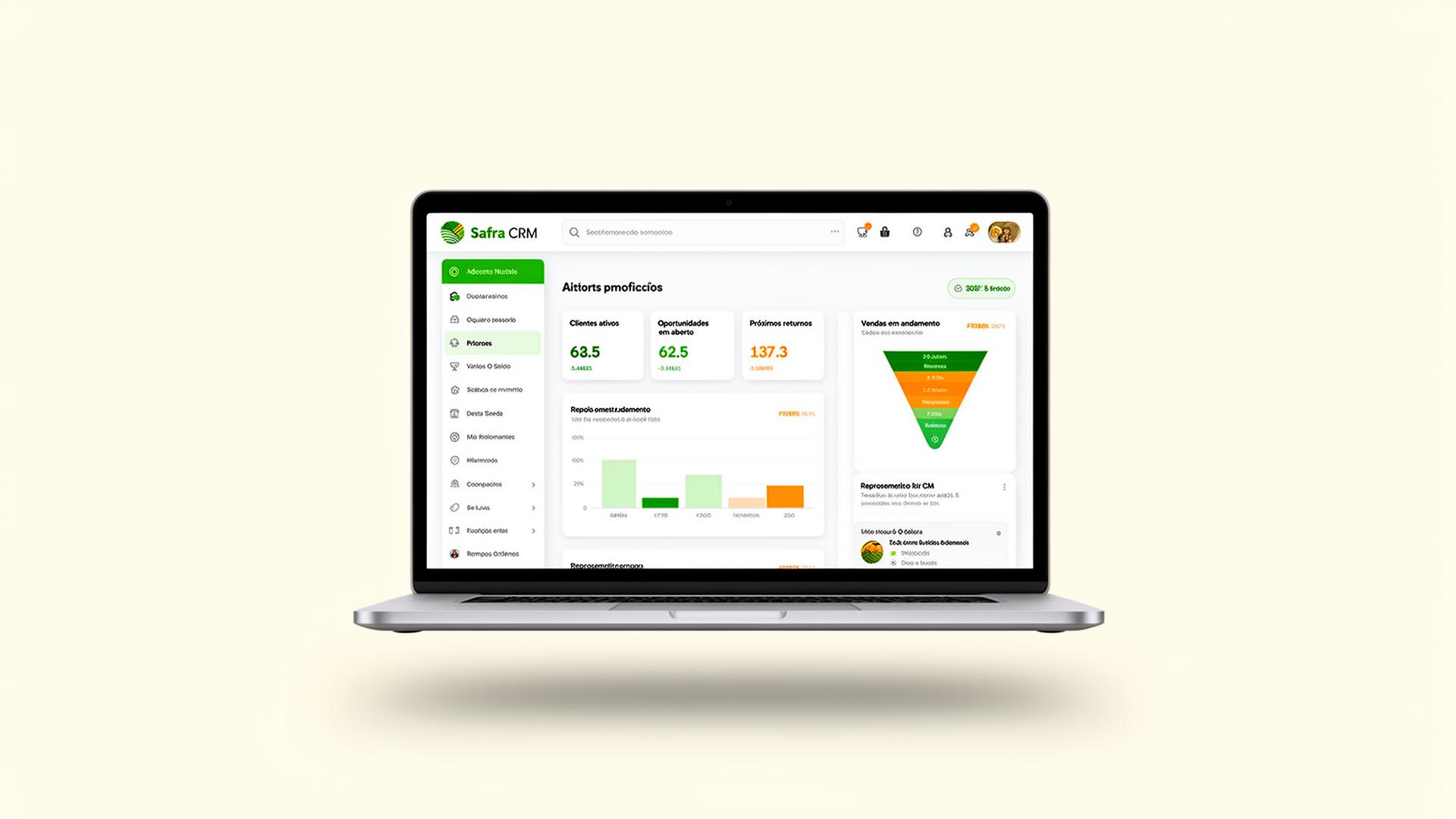 Painel do Safra CRM mostrando clientes, oportunidades e vendas